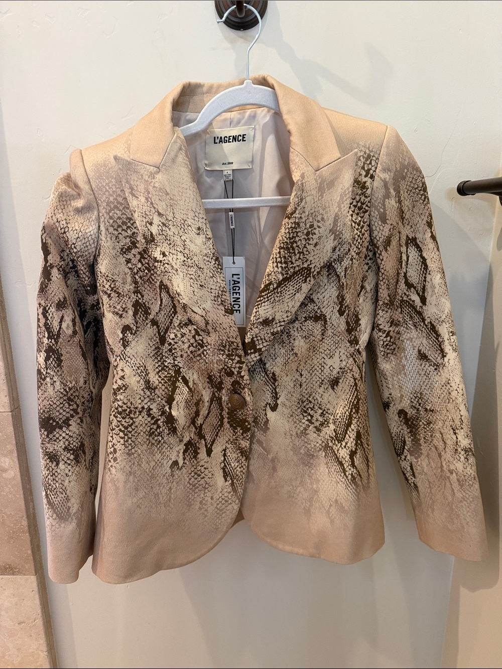 L'AGENCE Beige Snake-Print Tailored Blazer